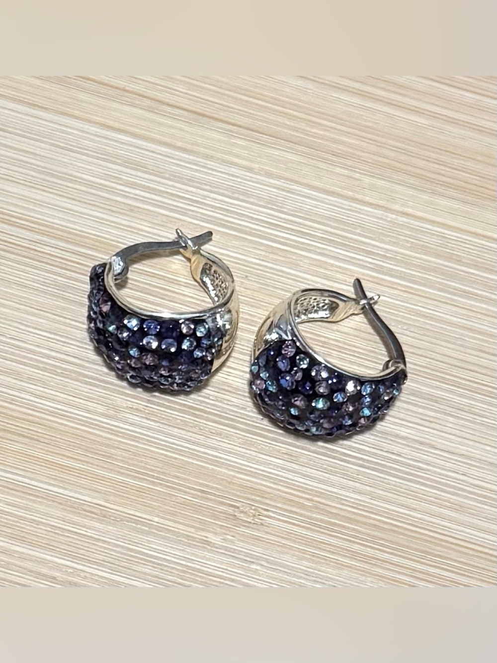 Silver Hoop Earrings with Blue Crystals